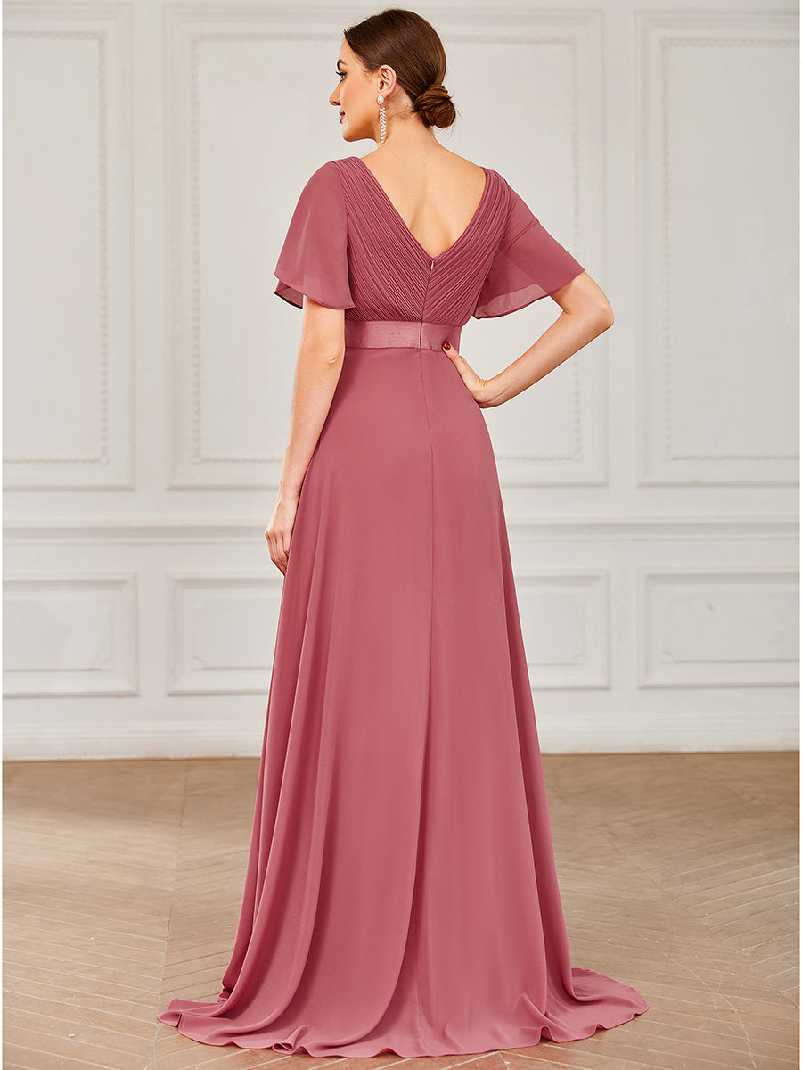 Robe de Soirée élégante en mousseline à taille haute et manches courtes #Couleur_Rose corail
