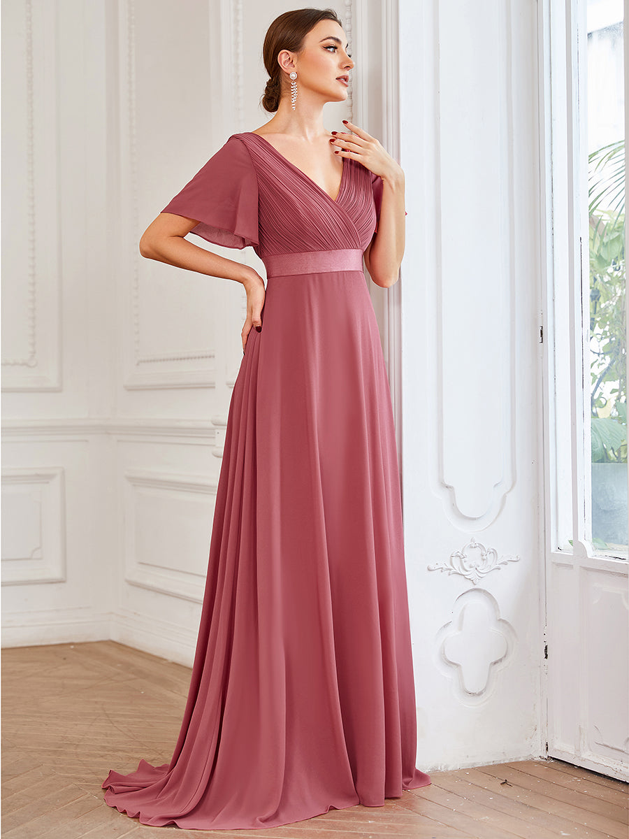 Robe de Soirée élégante en mousseline à taille haute et manches courtes #Couleur_Rose corail