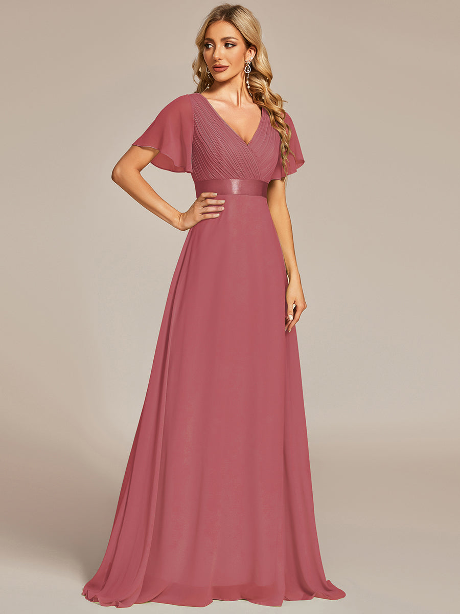 Robe de Soirée élégante en mousseline à taille haute et manches courtes #Couleur_Rose corail