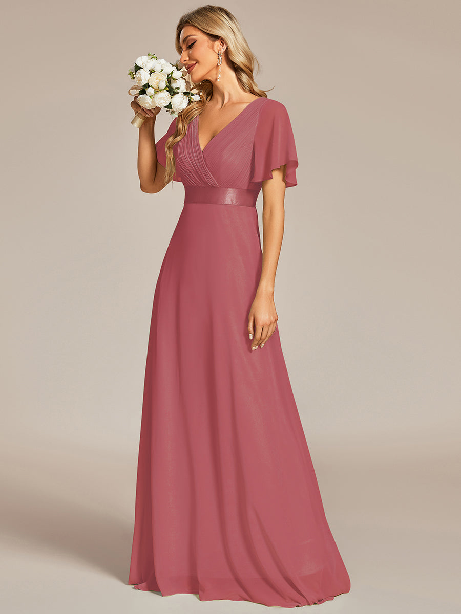 Robe de Soirée élégante en mousseline à taille haute et manches courtes #Couleur_Rose corail