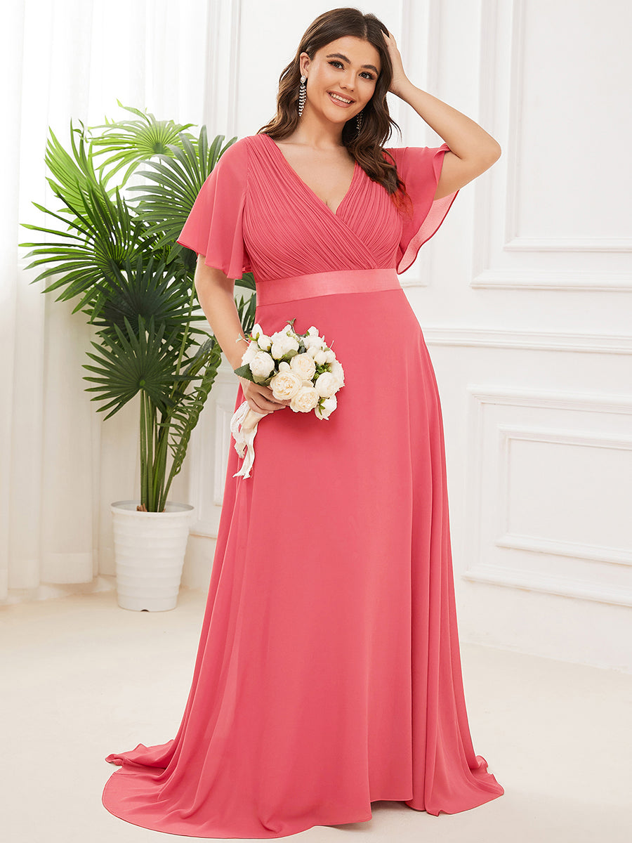 Robe mariage invitée fluide élégante en mousseline à taille haute #Couleur_Corail