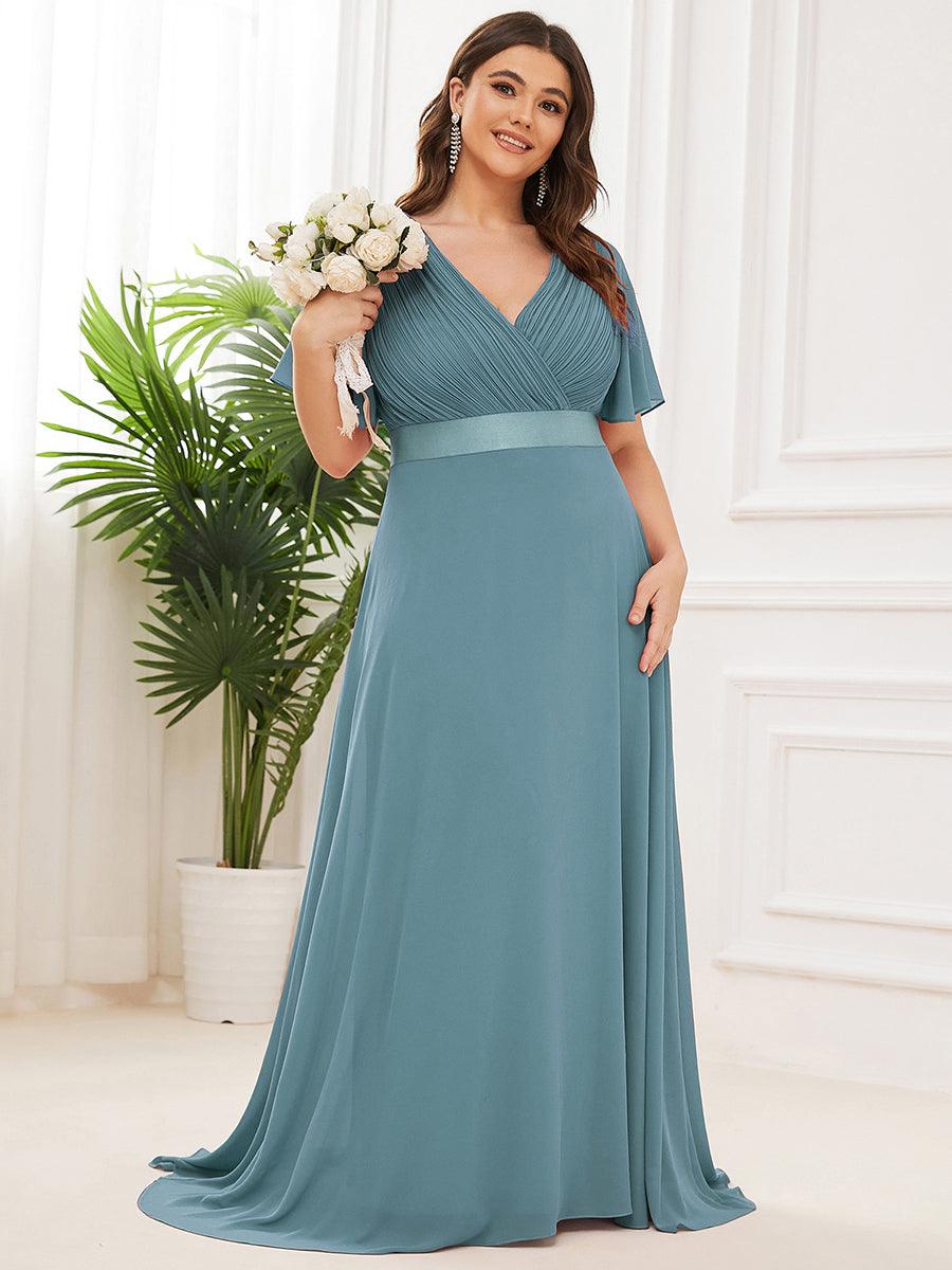 Robe de Soirée élégante en mousseline à taille haute et manches courtes #Couleur_Bleu Fume