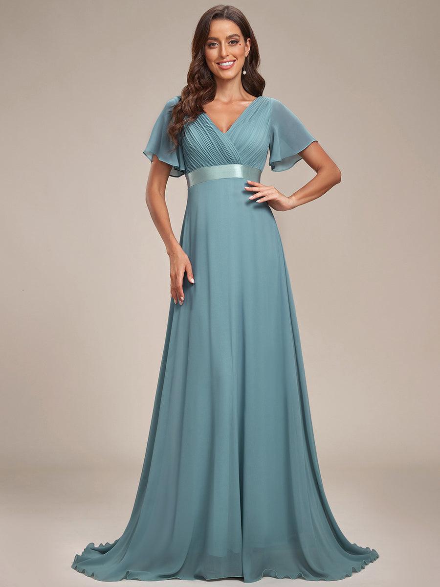 Taille personnalisée Robe de demoiselle d'honneur longue manches courtes #Couleur_Bleu Fume