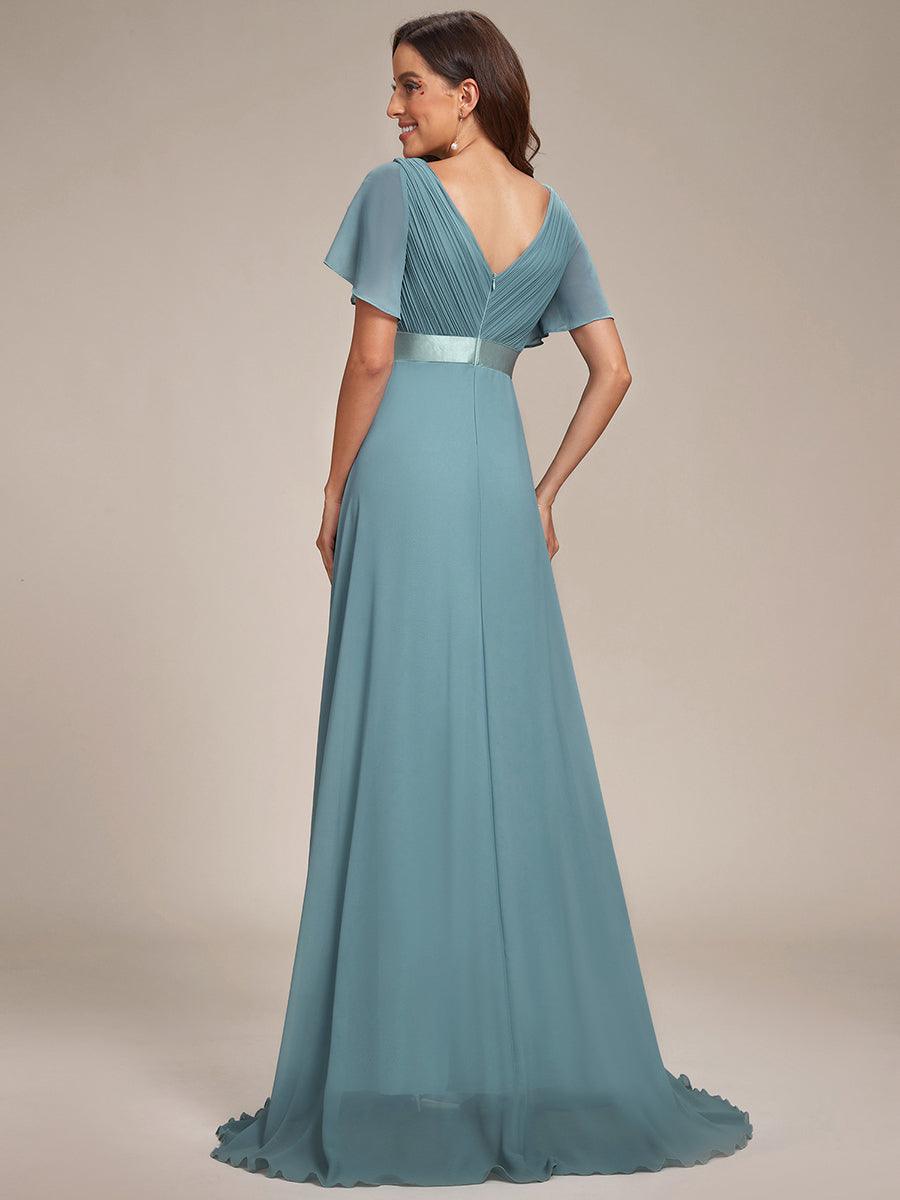 Taille personnalisée Robe de demoiselle d'honneur longue manches courtes #Couleur_Bleu Fume