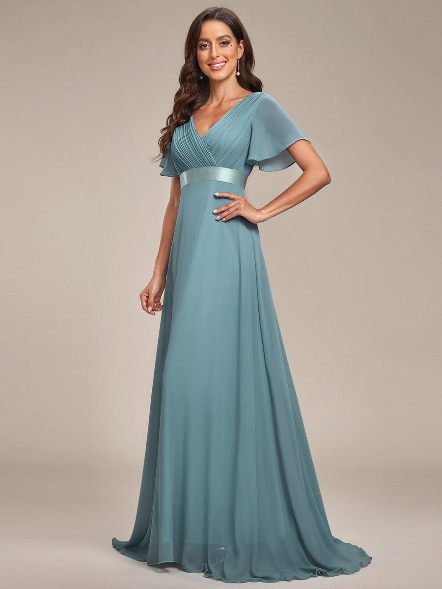 Taille personnalisée Robe de demoiselle d'honneur longue manches courtes #Couleur_Bleu Fume