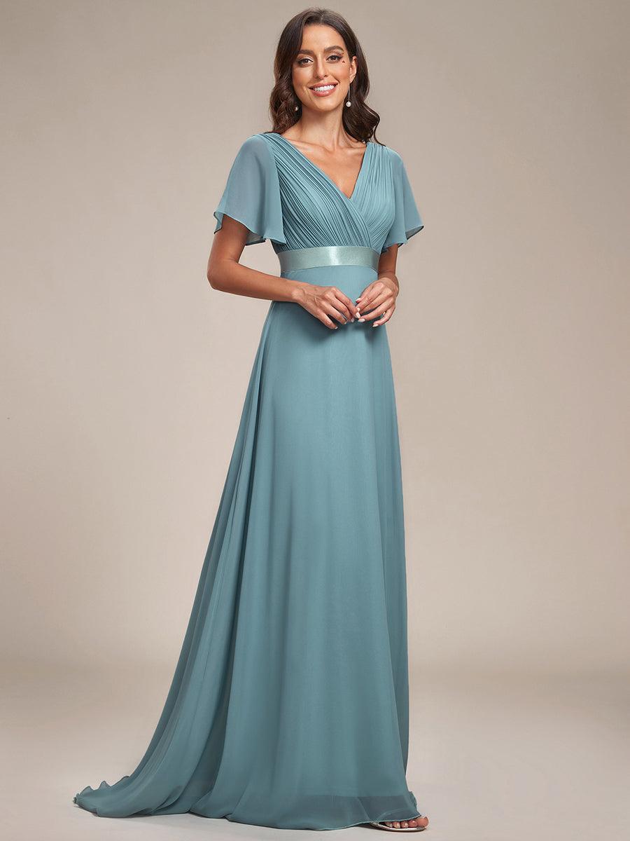 Taille personnalisée Robe de demoiselle d'honneur longue manches courtes #Couleur_Bleu Fume
