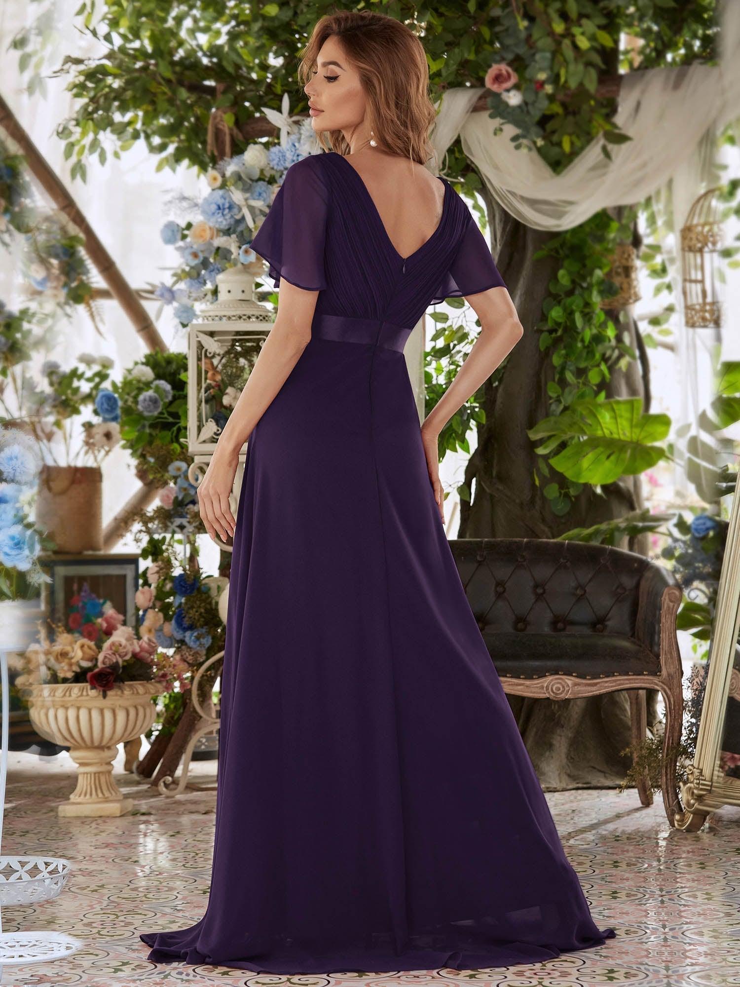 Robe mariage invitée fluide élégante en mousseline à taille haute #Couleur_Violet Fonce