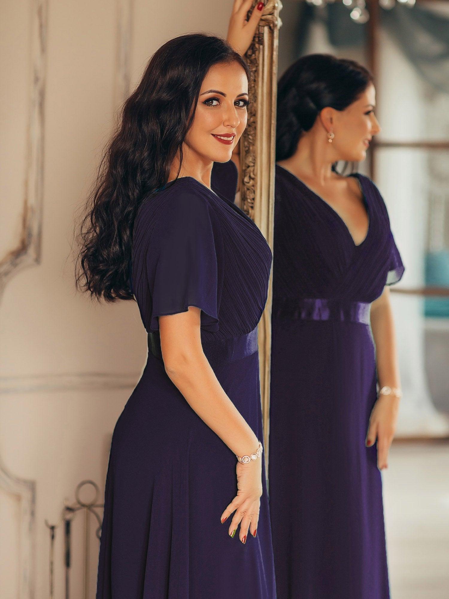 Robe mariage invitée fluide élégante en mousseline à taille haute #Couleur_Violet Fonce
