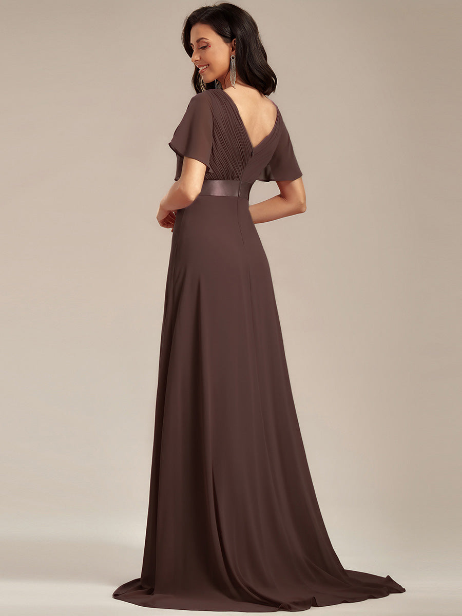 Robe mariage invitée fluide élégante en mousseline à taille haute #Couleur_Marron Espresso