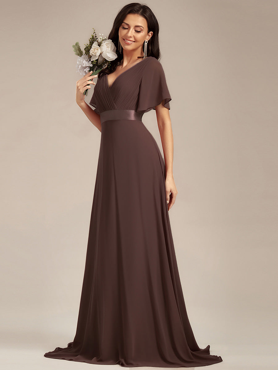 Robe mariage invitée fluide élégante en mousseline à taille haute #Couleur_Marron Espresso