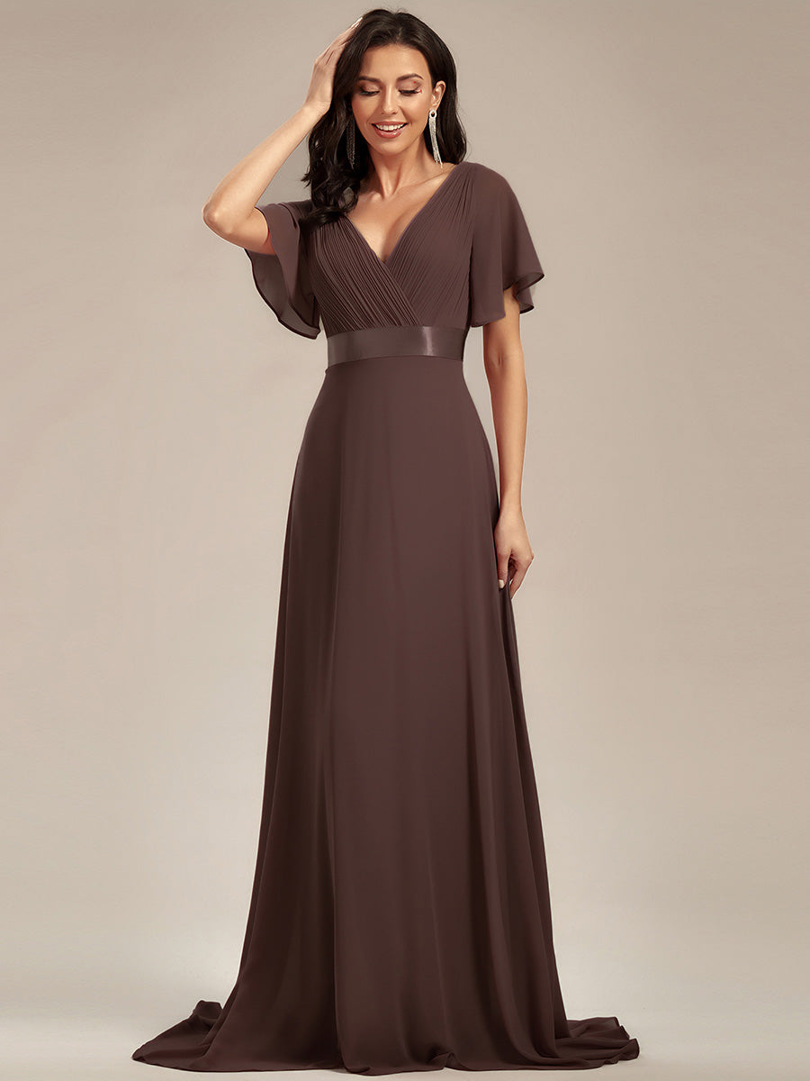 Robe mariage invitée fluide élégante en mousseline à taille haute #Couleur_Marron Espresso