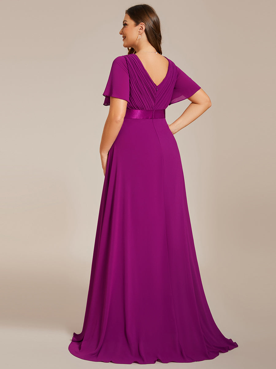 Robe de Soirée élégante en mousseline à taille haute et manches courtes #Couleur_Fuchsia