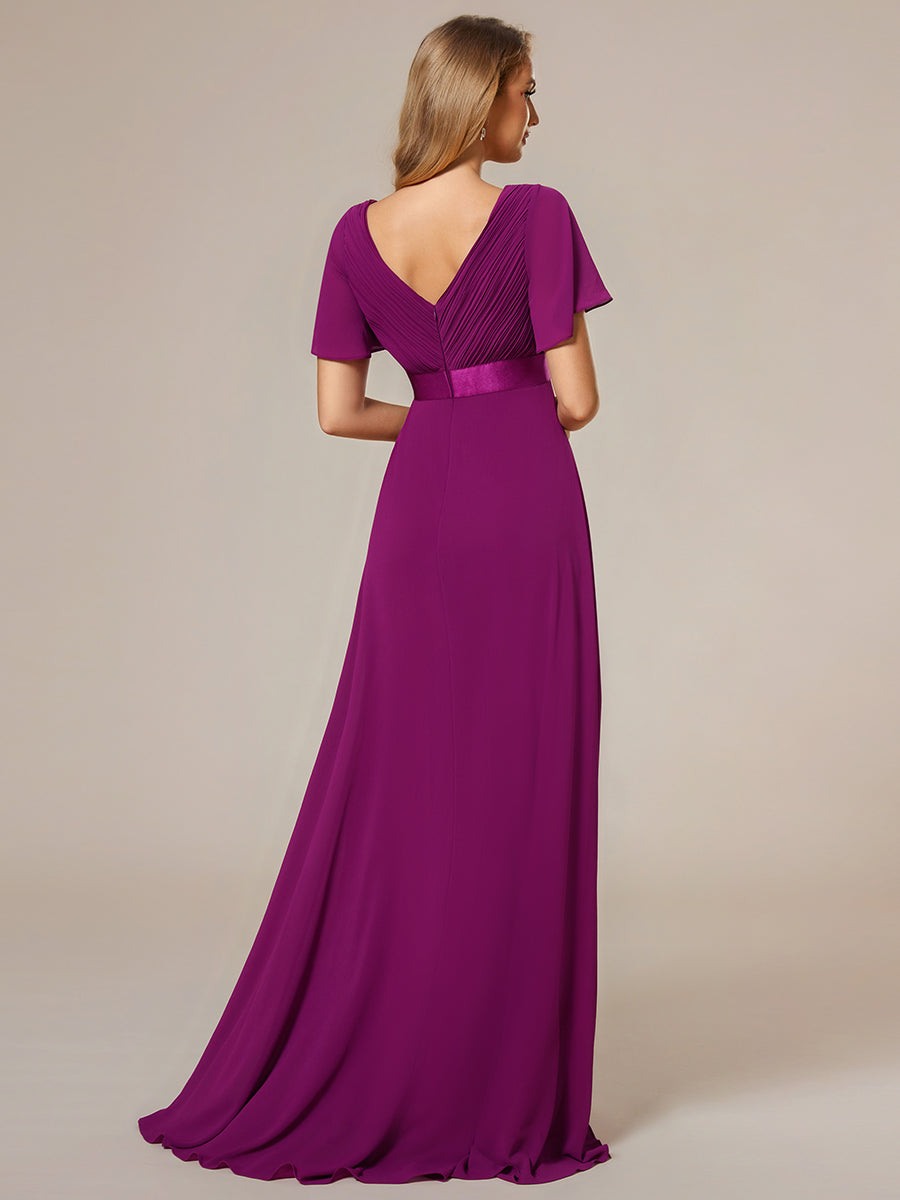 Robe de Soirée élégante en mousseline à taille haute et manches courtes #Couleur_Fuchsia