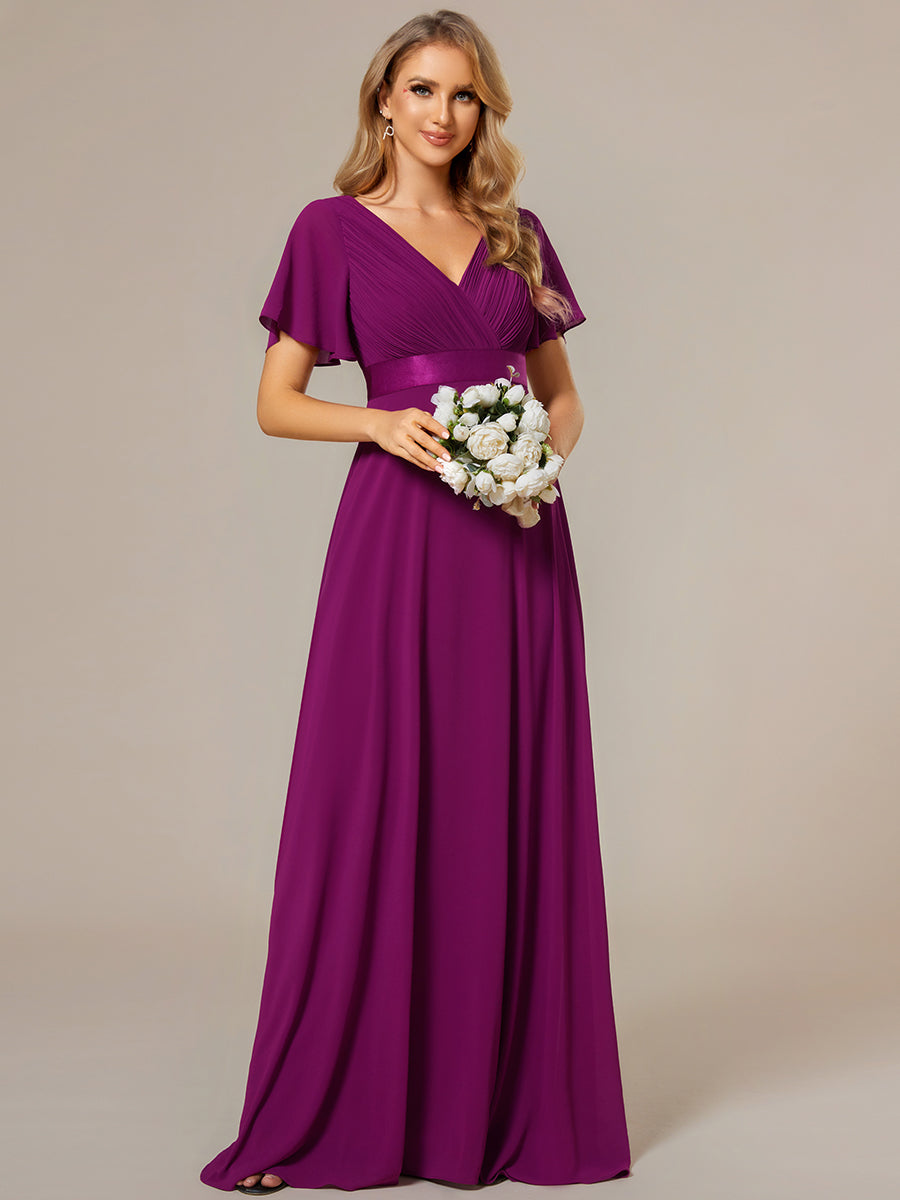 Robe de Soirée élégante en mousseline à taille haute et manches courtes #Couleur_Fuchsia