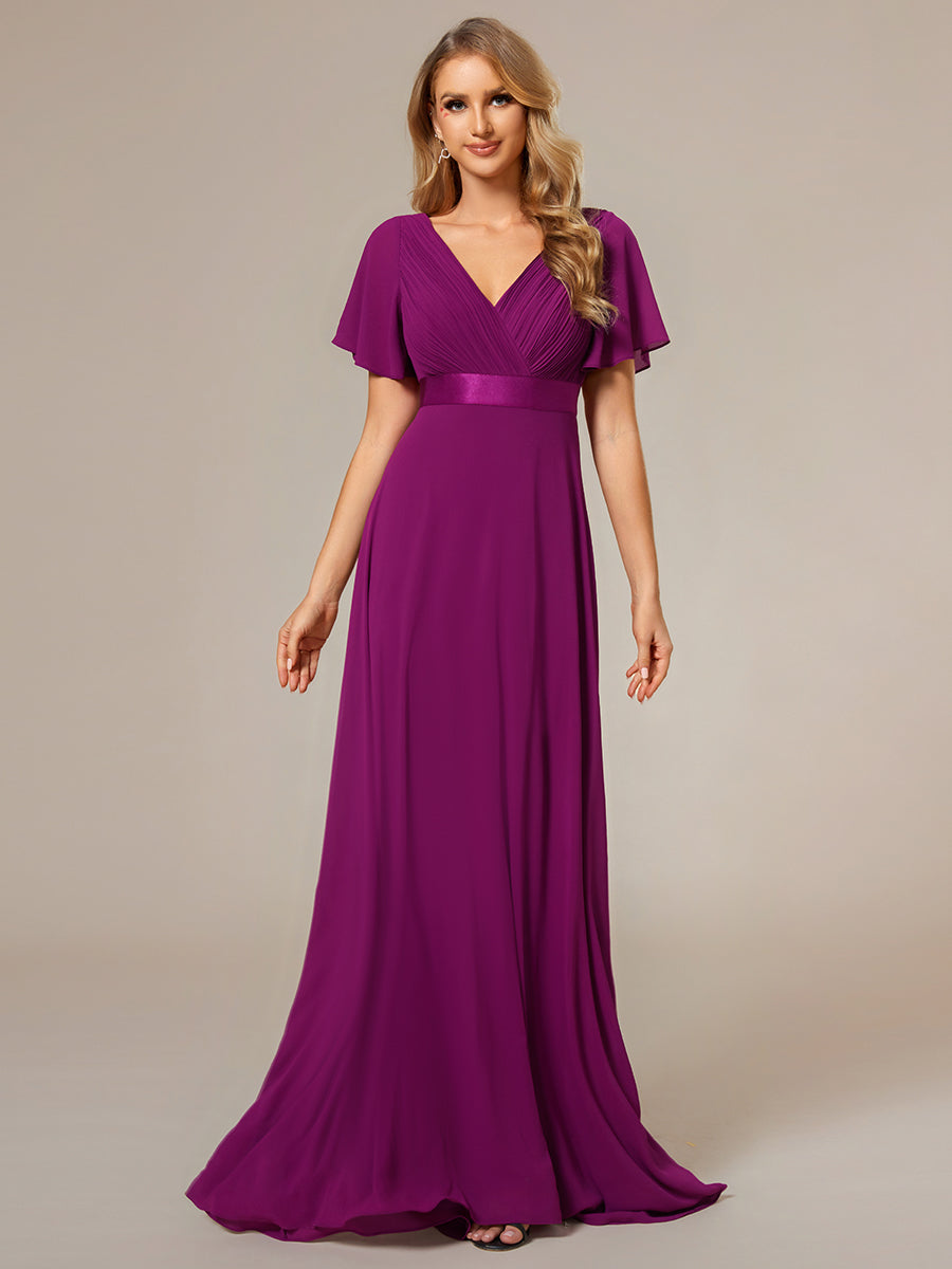 Robe de Soirée élégante en mousseline à taille haute et manches courtes #Couleur_Fuchsia