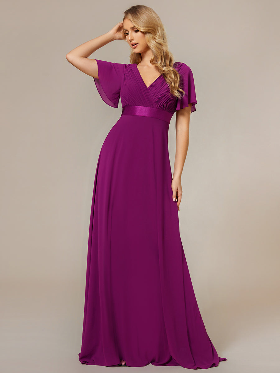 Robe de Soirée élégante en mousseline à taille haute et manches courtes #Couleur_Fuchsia