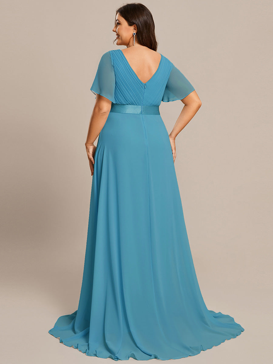 Robe de Soirée élégante en mousseline à taille haute et manches courtes #Couleur_Bleu Jade
