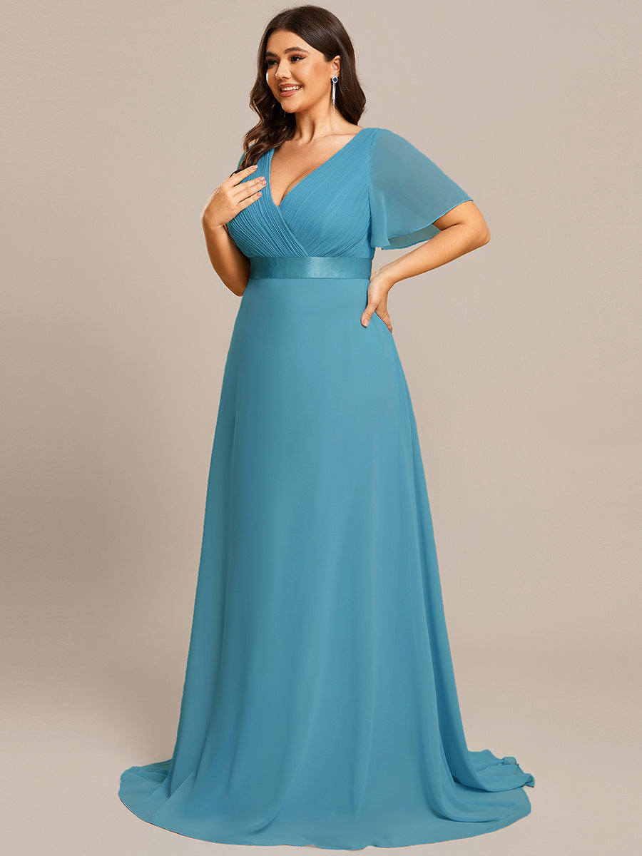 Robe de Soirée élégante en mousseline à taille haute et manches courtes #Couleur_Bleu Jade