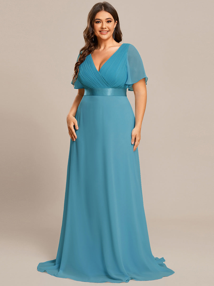 Robe de Soirée élégante en mousseline à taille haute et manches courtes #Couleur_Bleu Jade