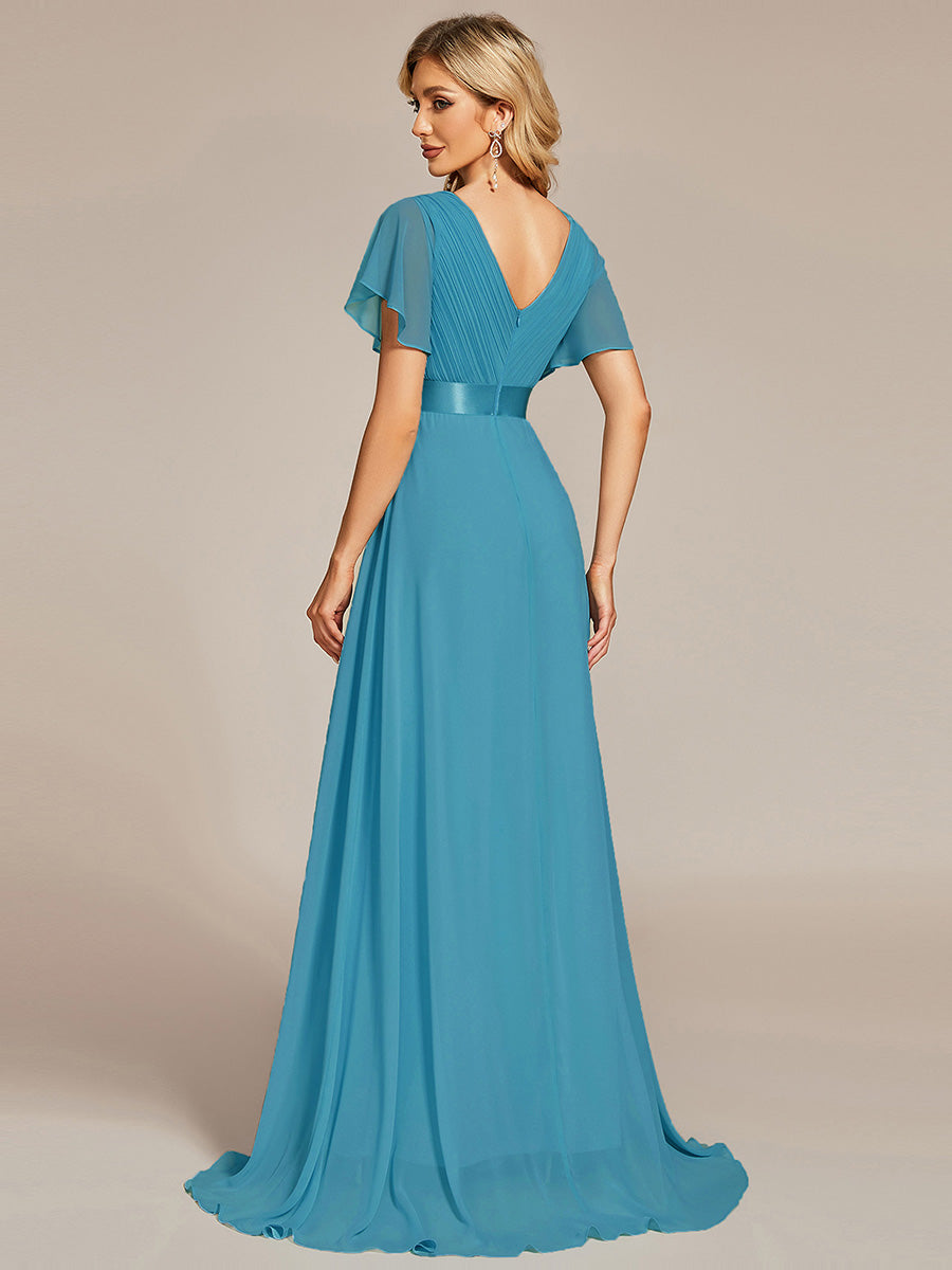 Robe de Soirée élégante en mousseline à taille haute et manches courtes #Couleur_Bleu Jade