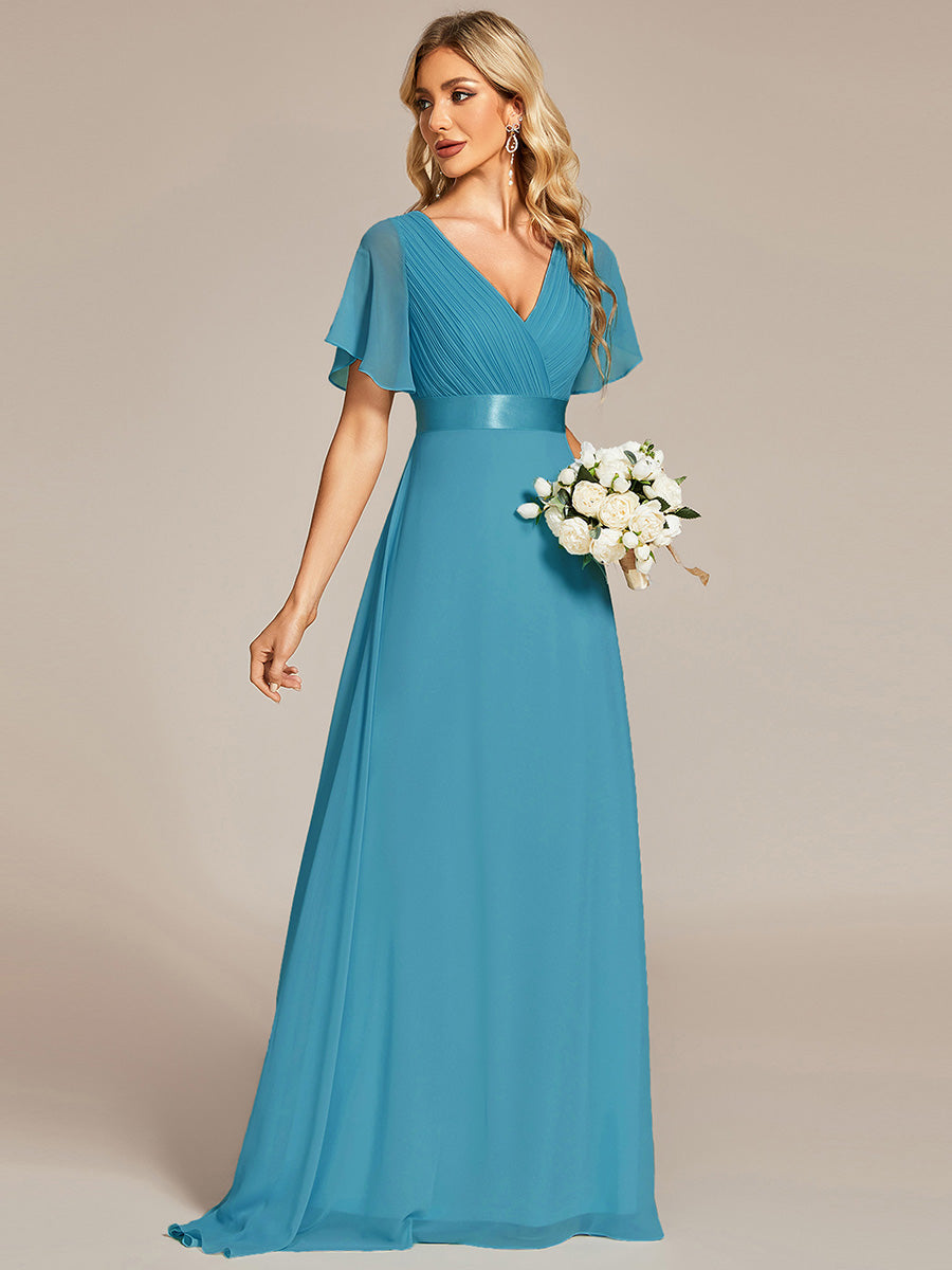 Robe de Soirée élégante en mousseline à taille haute et manches courtes #Couleur_Bleu Jade