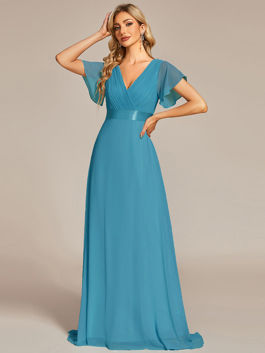 Robe de Soirée élégante en mousseline à taille haute et manches courtes #Couleur_Bleu Jade