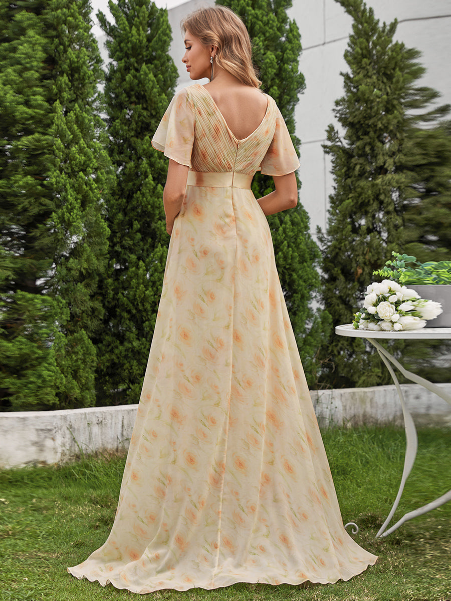 Robe de Soirée élégante en mousseline à taille haute et manches courtes #Couleur_Roses Dorées