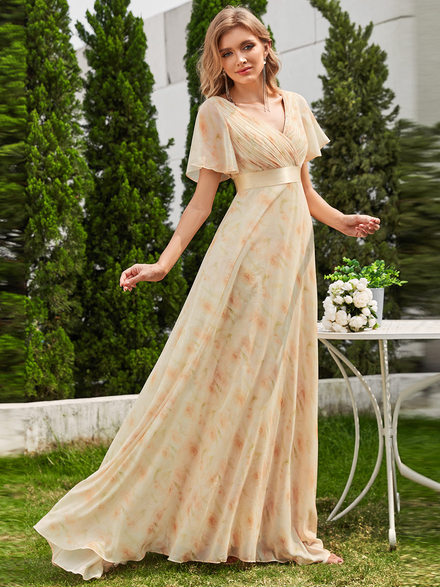 Robe de Soirée élégante en mousseline à taille haute et manches courtes #Couleur_Roses Dorées