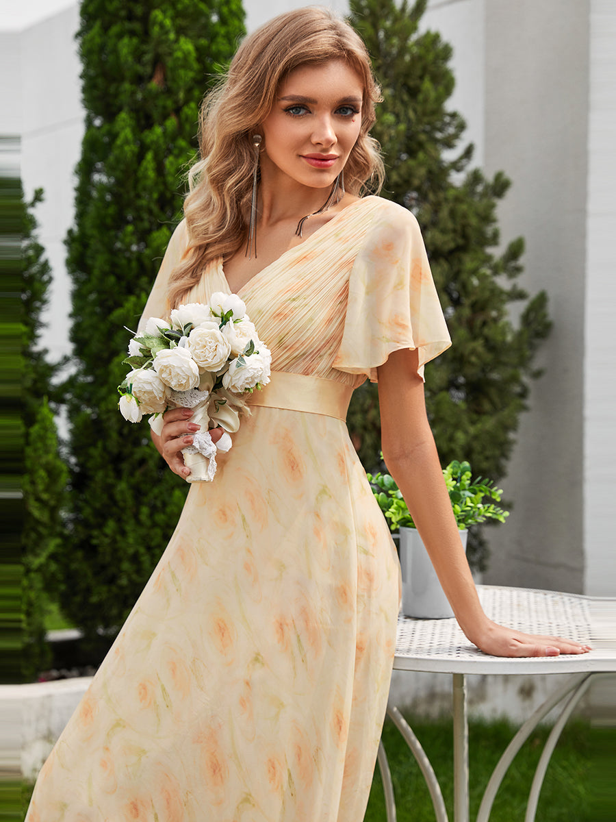 Robe de Soirée élégante en mousseline à taille haute et manches courtes #Couleur_Roses Dorées