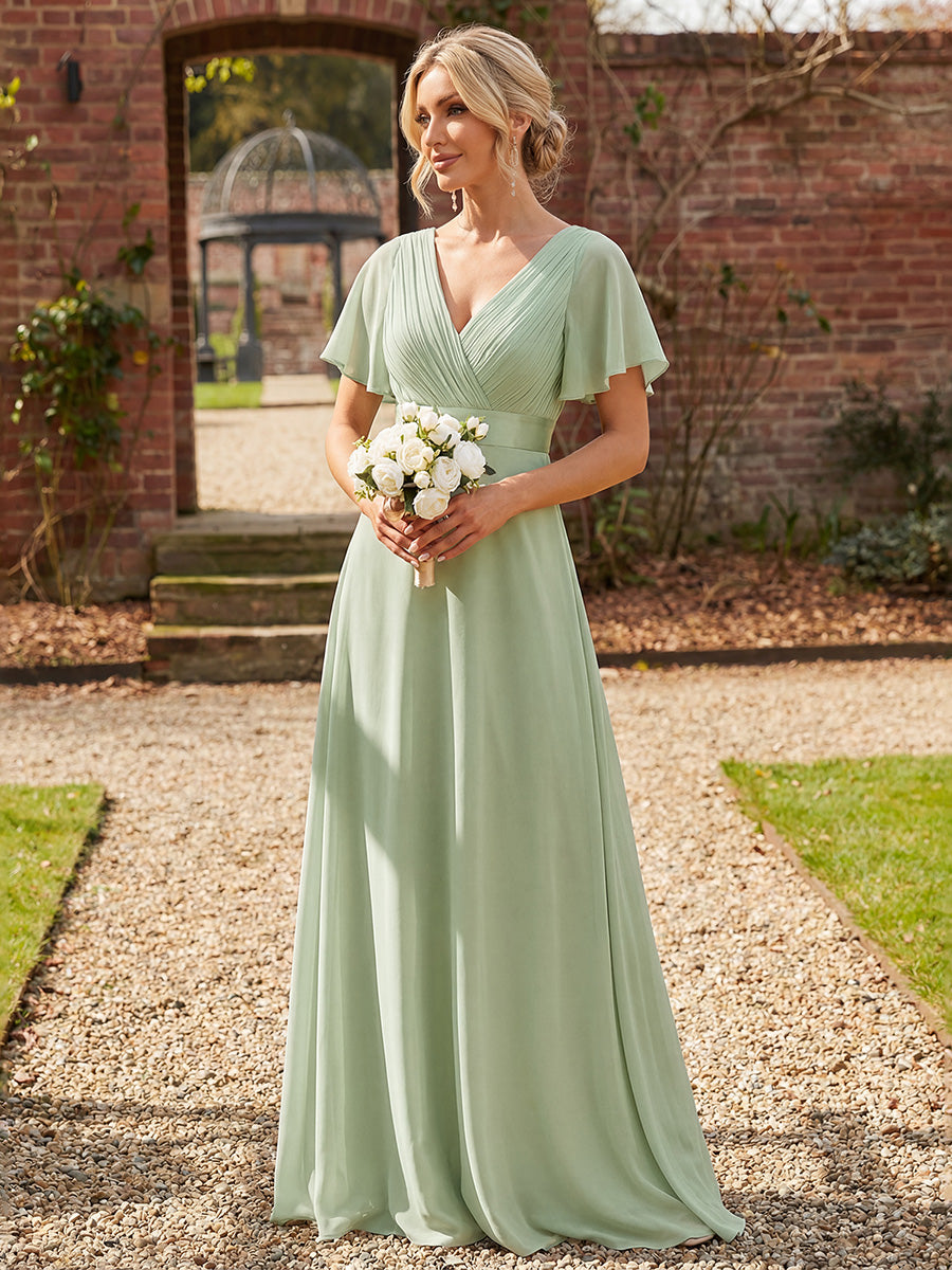Robe mariage invitée fluide élégante en mousseline à taille haute #Couleur_Menthe Verte