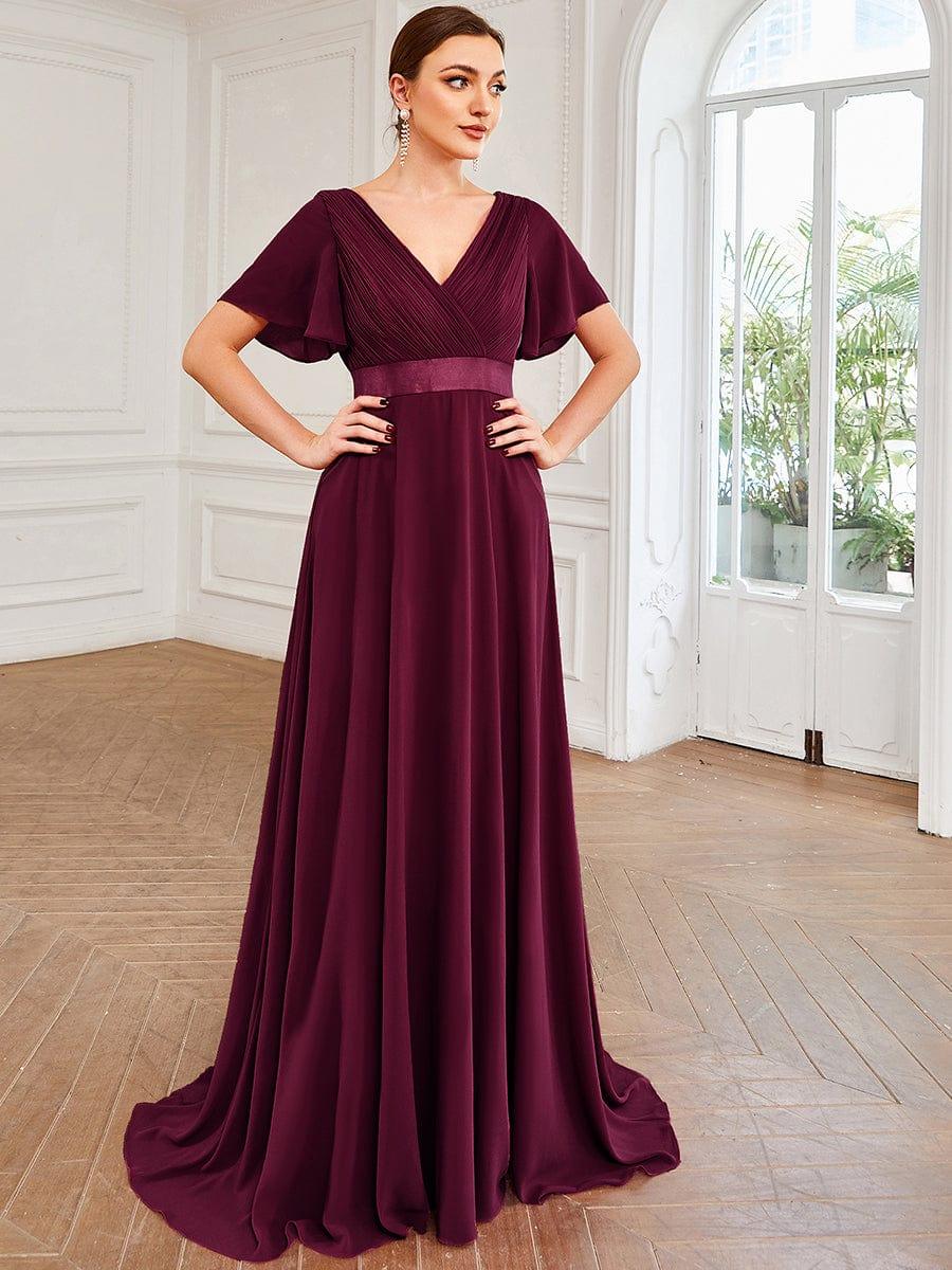 Robe Demoiselle d'Honneur Longue en Mousseline à Col en V #Couleur_Pourpre