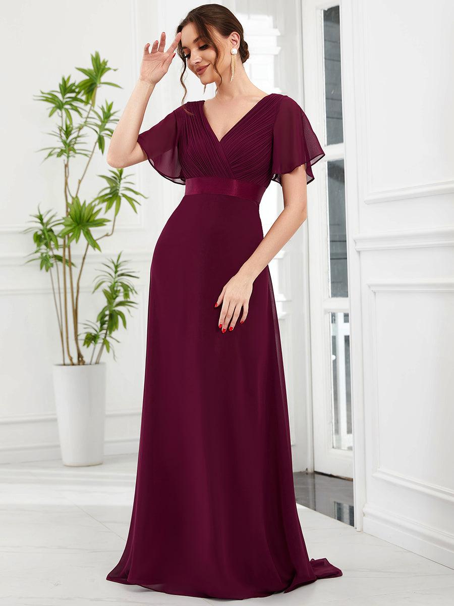 Robe Demoiselle d'Honneur Longue en Mousseline à Col en V #Couleur_Pourpre