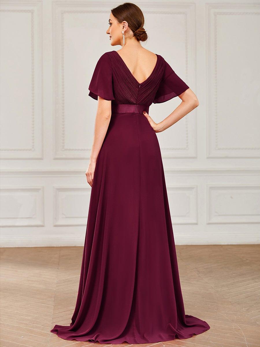 Robe Demoiselle d'Honneur Longue en Mousseline à Col en V #Couleur_Pourpre