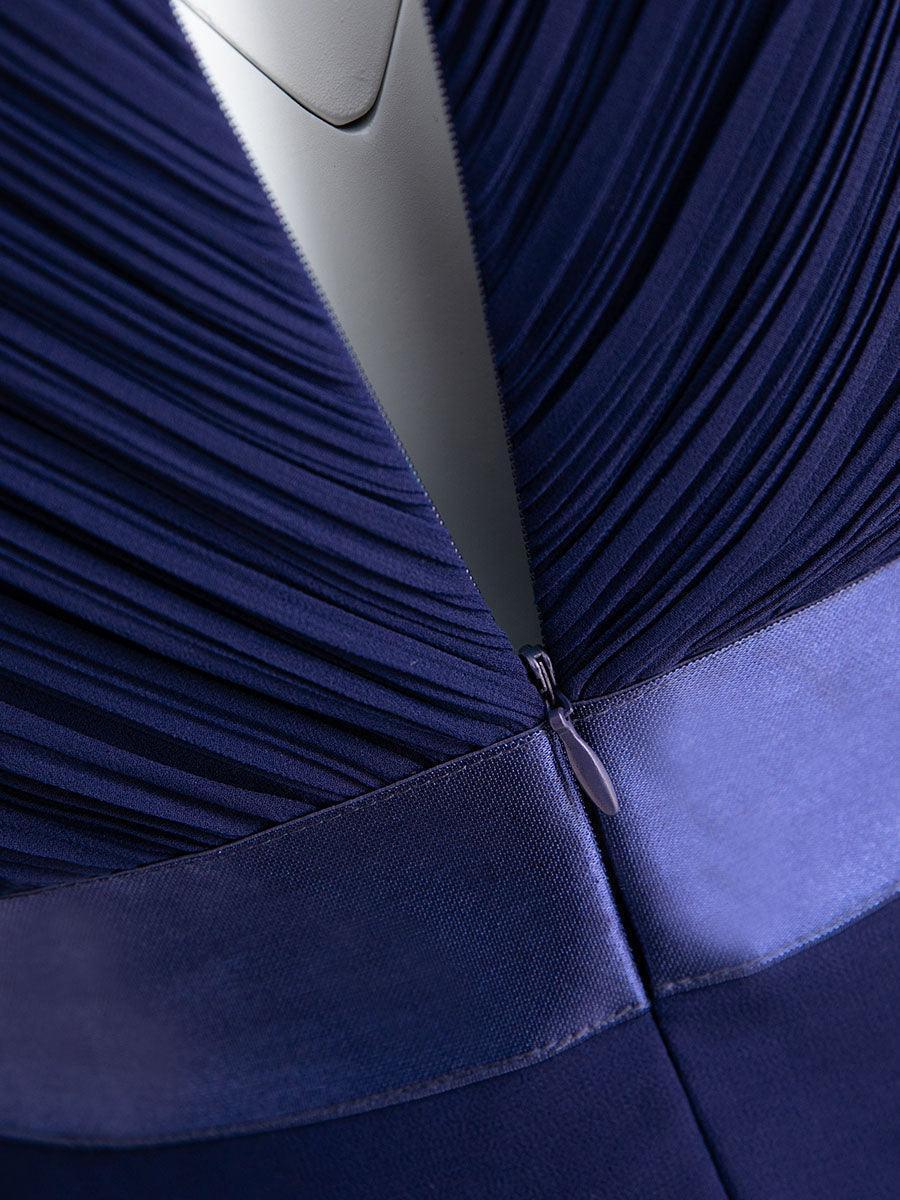 Robe mariage invitée fluide élégante en mousseline à taille haute #Couleur_Bleu Marine