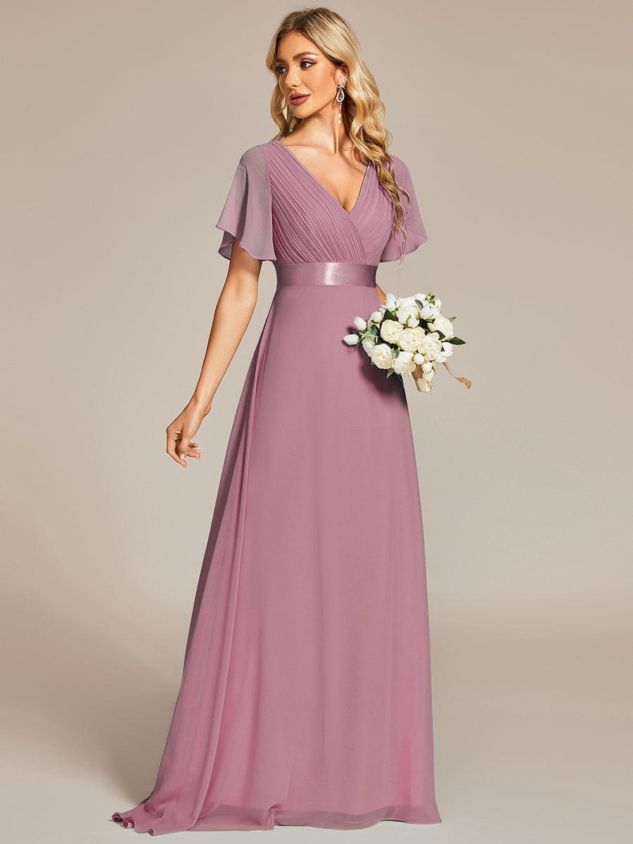 Robe Demoiselle d'Honneur Longue en Mousseline à Col en V #Couleur_Orchidee