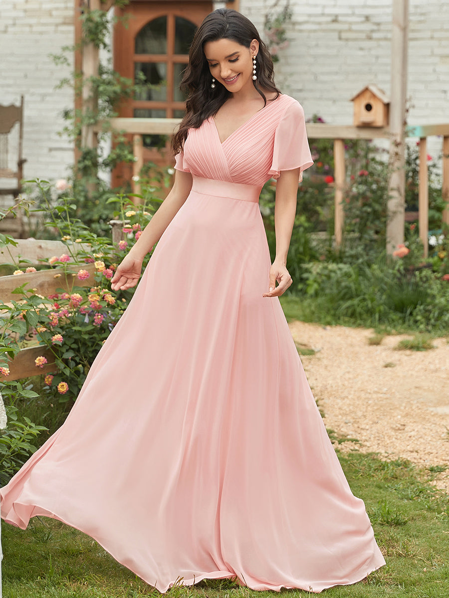 Robe mariage invitée fluide élégante en mousseline à taille haute #Couleur_Rose
