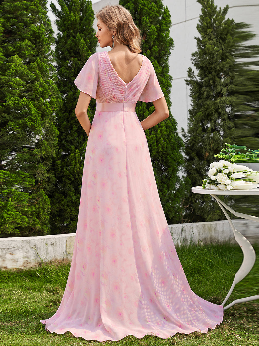Robe de Soirée élégante en mousseline à taille haute et manches courtes #Couleur_Roses Violet Clair