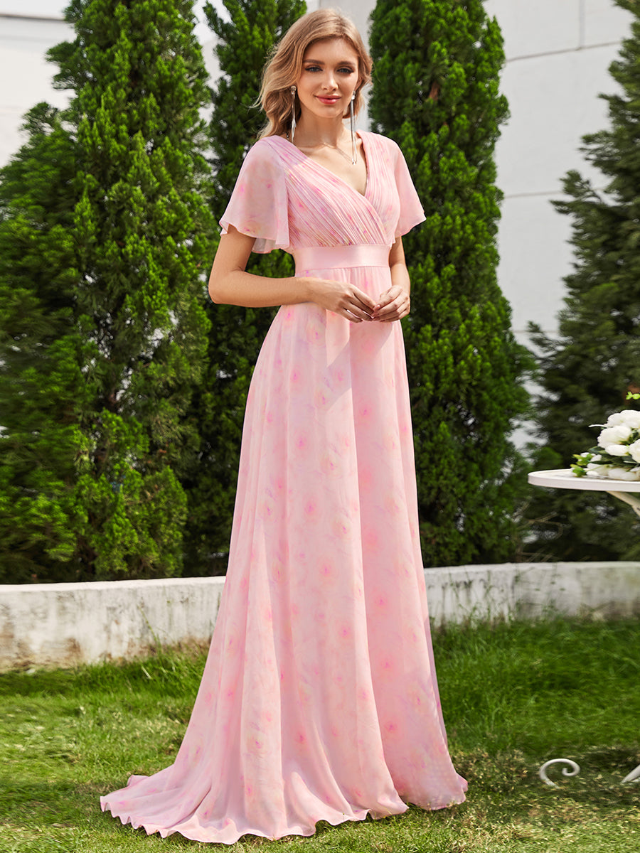 Robe de Soirée élégante en mousseline à taille haute et manches courtes #Couleur_Roses Violet Clair