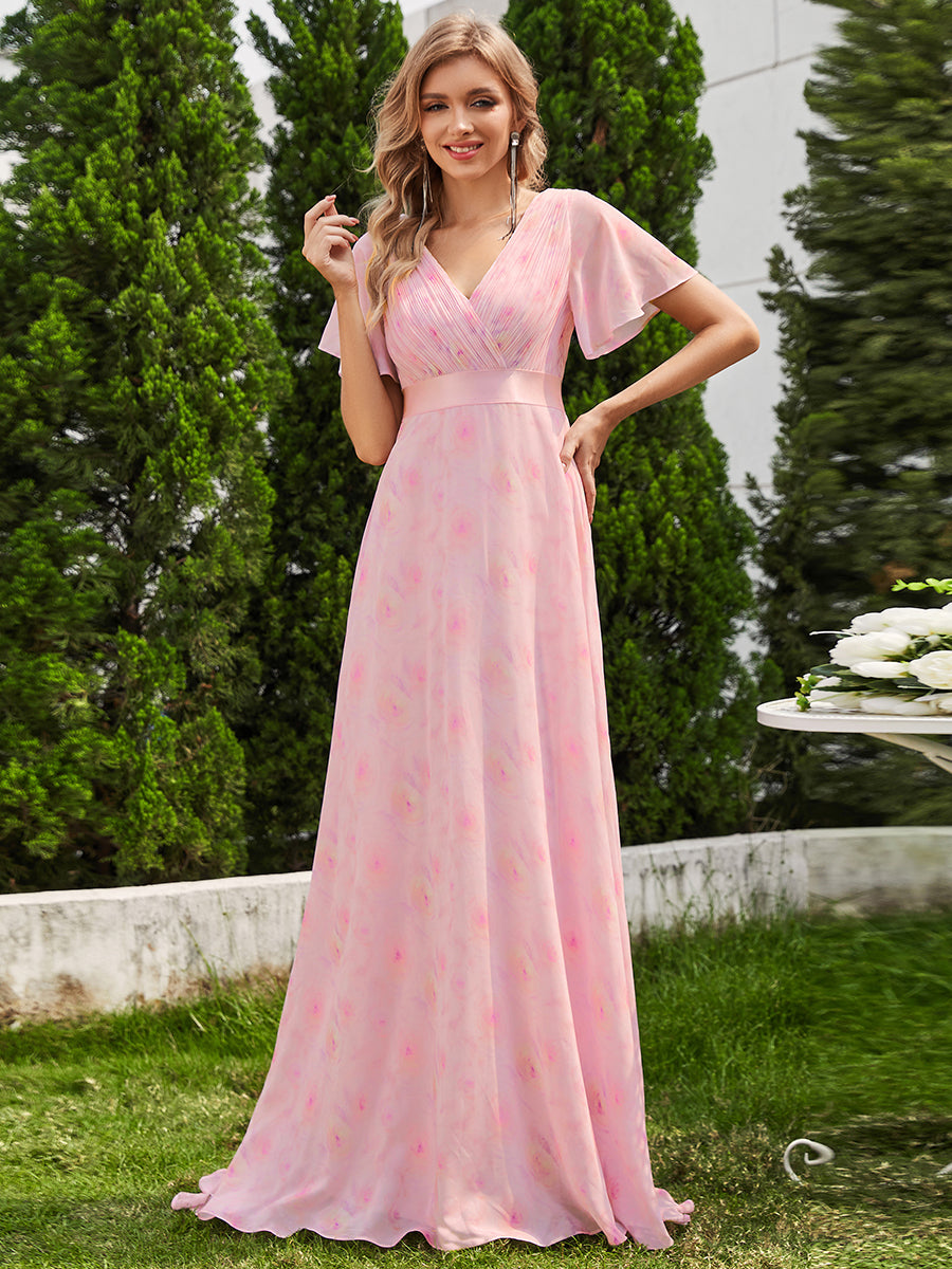 Robe de Soirée élégante en mousseline à taille haute et manches courtes #Couleur_Roses Violet Clair