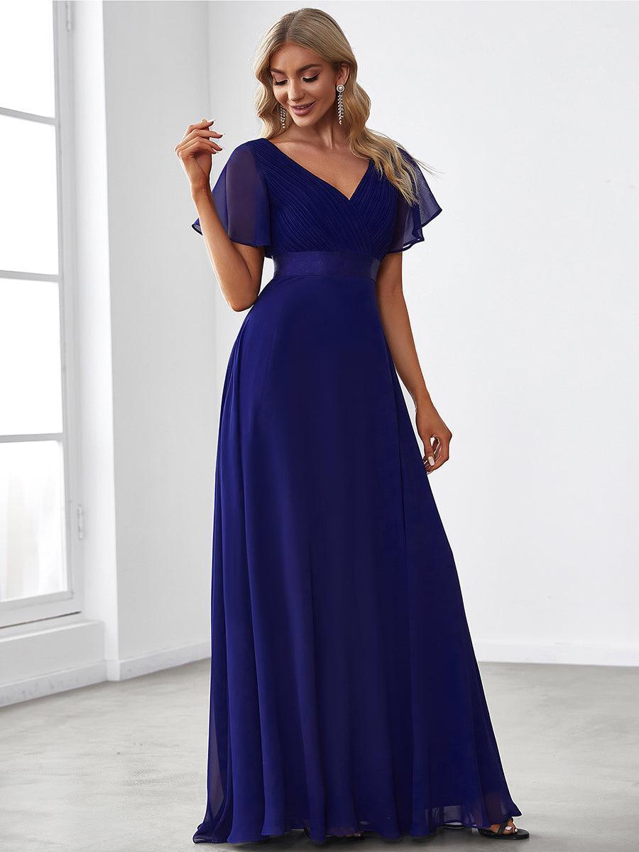 Robe mariage invitée fluide élégante en mousseline à taille haute #Couleur_Bleu Royal