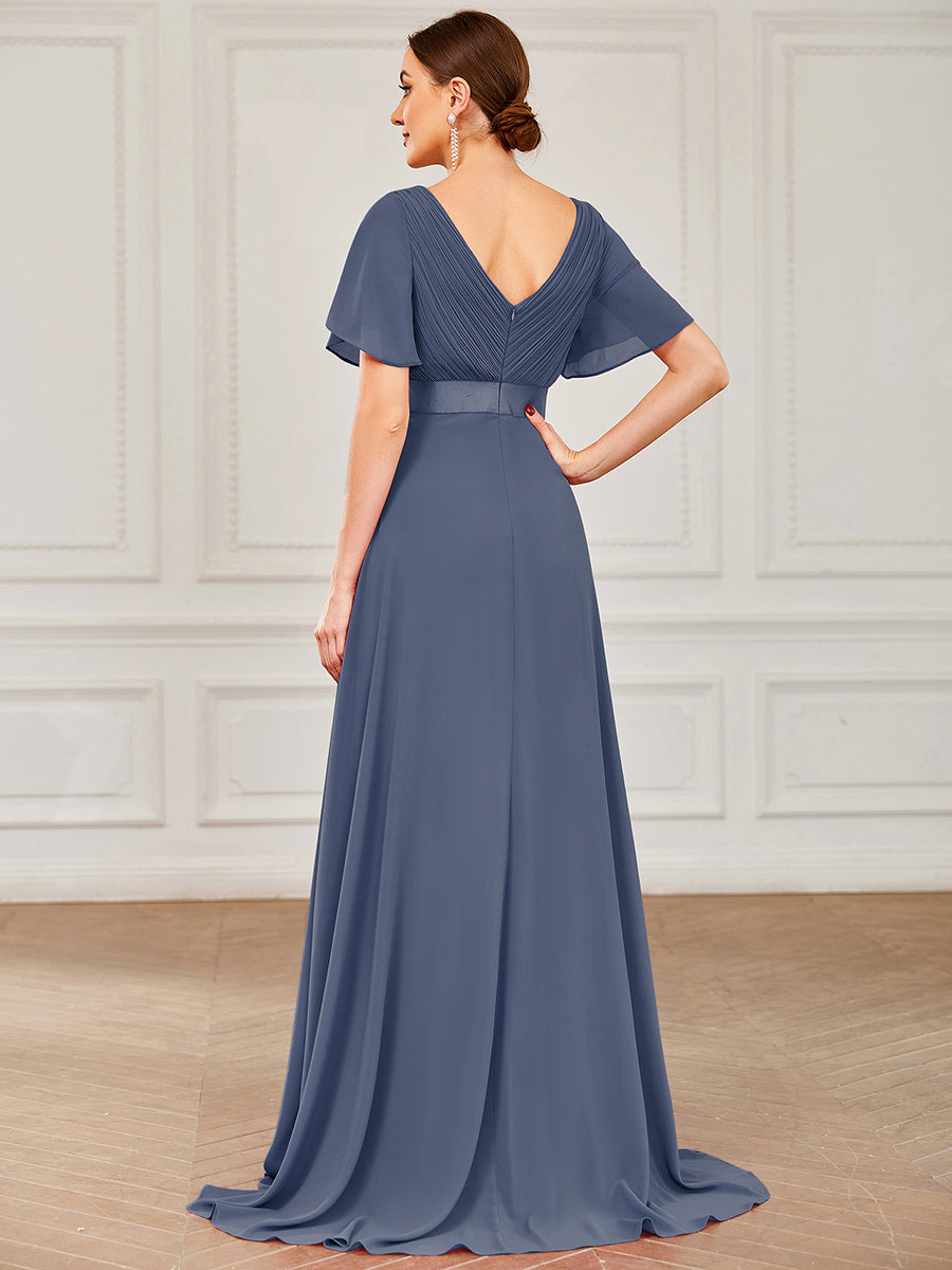 Robe de Soirée élégante en mousseline à taille haute et manches courtes #Couleur_Orage