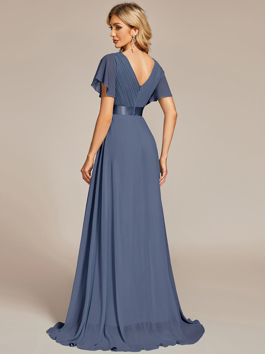 Robe de Soirée élégante en mousseline à taille haute et manches courtes #Couleur_Orage