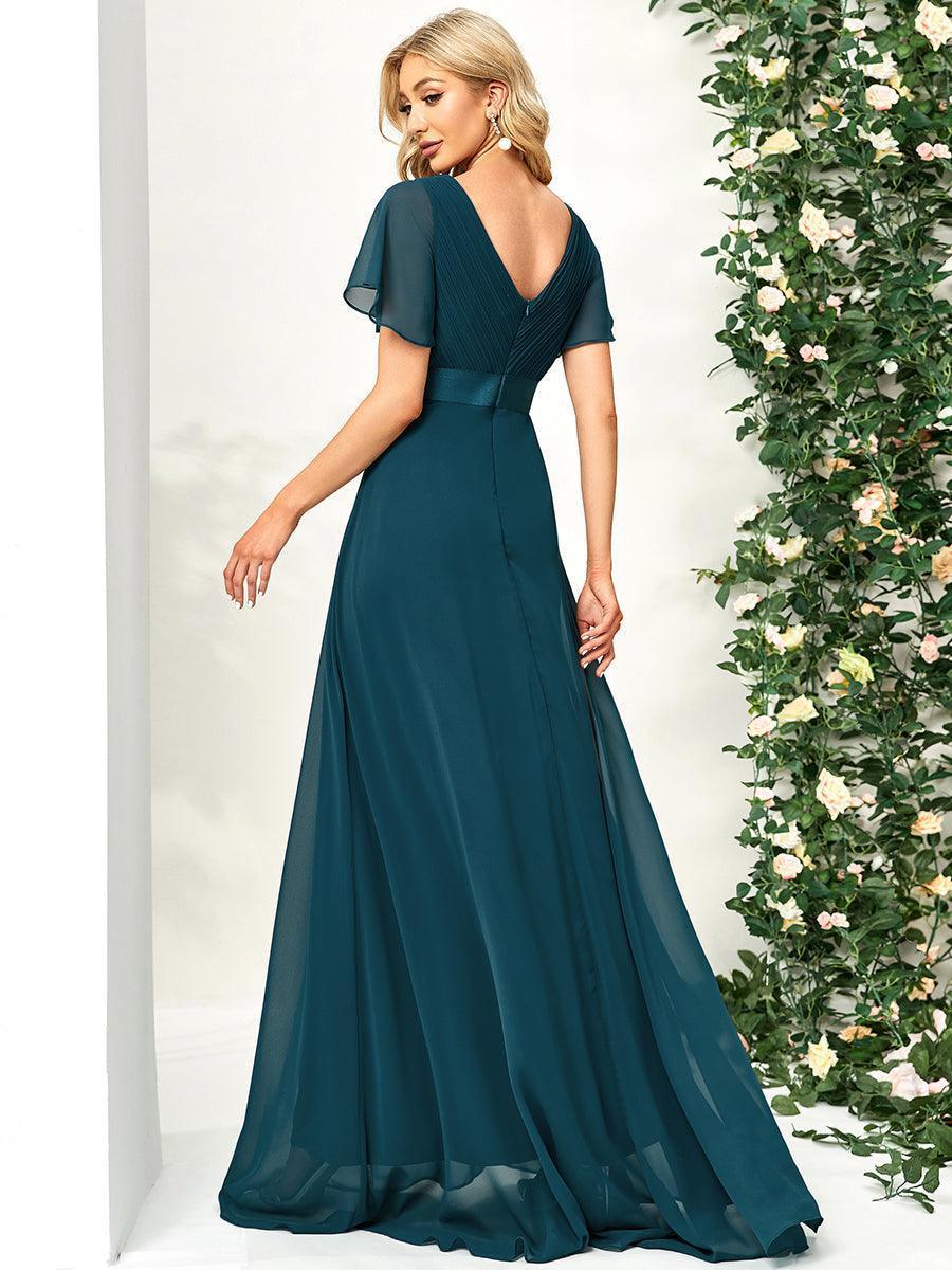 Robe mariage invitée fluide élégante en mousseline à taille haute #Couleur_Bleu Sarcelle