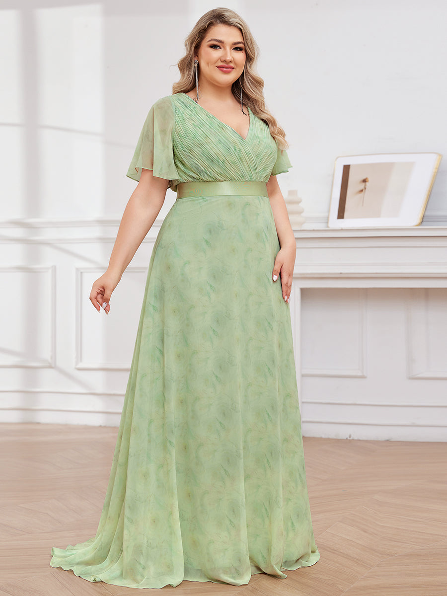 Robe de Soirée élégante en mousseline à taille haute et manches courtes #Couleur_Roses Vert Clair