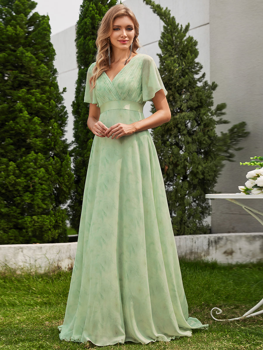 Robe de Soirée élégante en mousseline à taille haute et manches courtes #Couleur_Roses Vert Clair