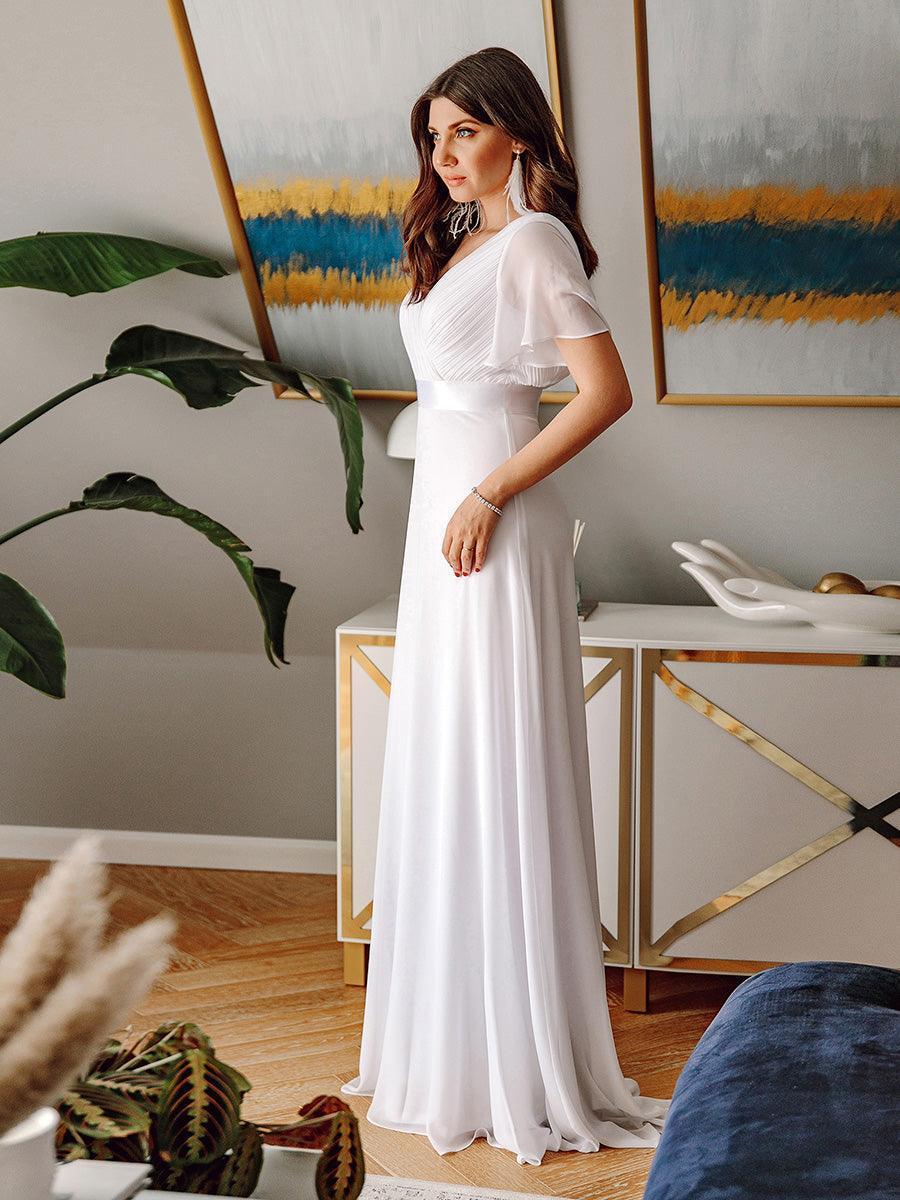 Robe mariage invitée fluide élégante en mousseline à taille haute #Couleur_Blanc