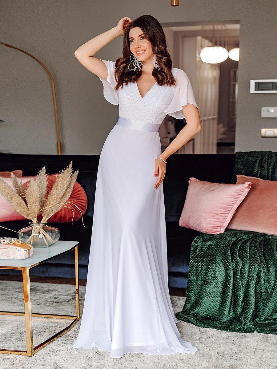 Robe mariage invitée fluide élégante en mousseline à taille haute #Couleur_Blanc