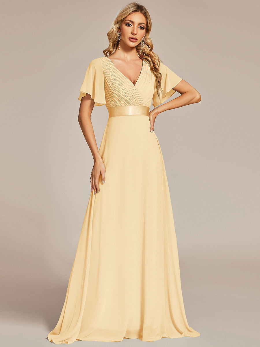 Robe mariage invitée fluide élégante en mousseline à taille haute  #Couleur_Jaune