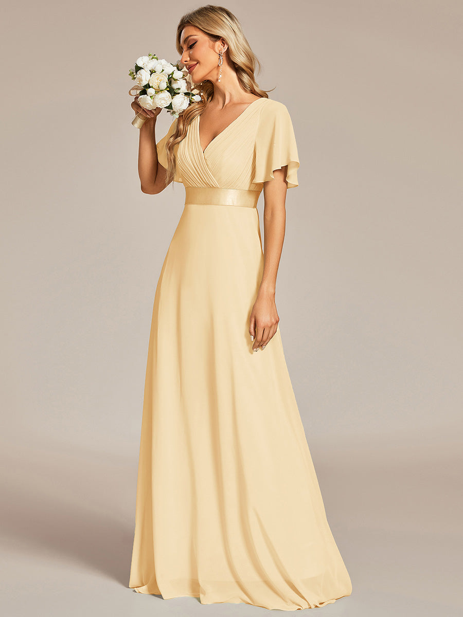 Robe mariage invitée fluide élégante en mousseline à taille haute  #Couleur_Jaune