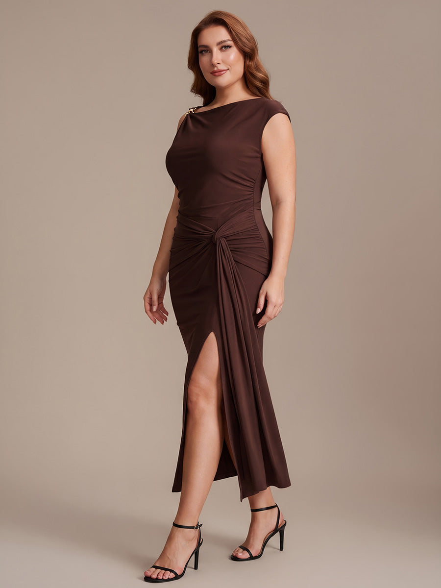 Robe midi bodycon à détail nœud et haute élasticité #Couleur_Marron chocolat